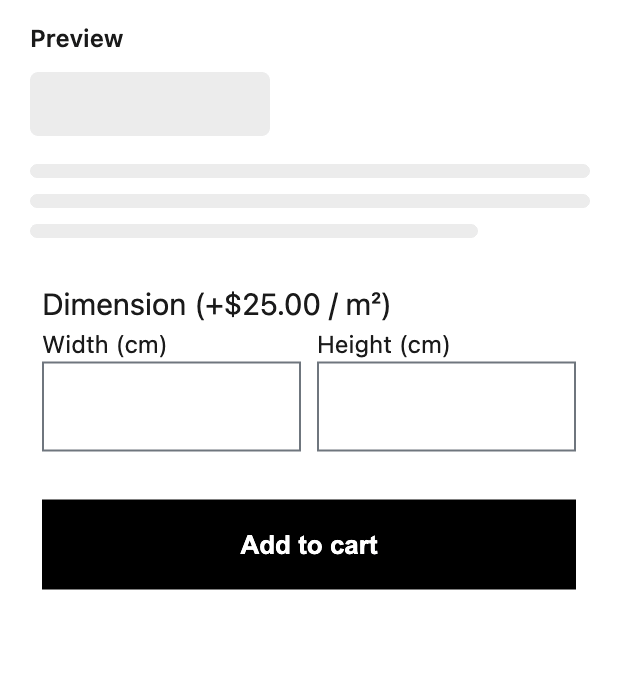 A Dimension option on the product page: width and height inputs with a size total such as 2 m² (+$50.00)